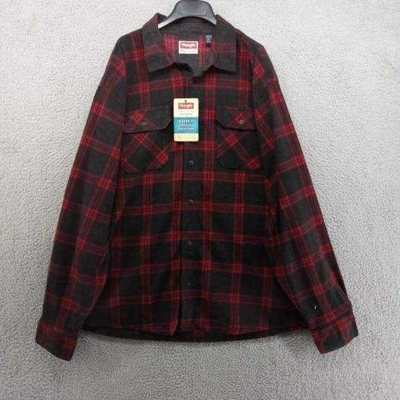 Wrangler‎ Shirt Mens 2XL Red Black Plaid Button Up Fleece Relaxed Fit Western - Picture 1 of 8